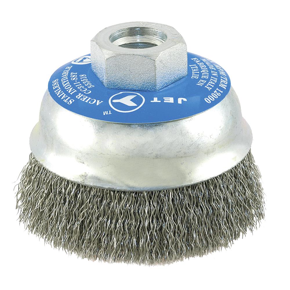 Brosse m&eacute;tallique &agrave; tasse en acier inoxydable torsad&eacute;e 3 x 5/8-11 NC photo du produit