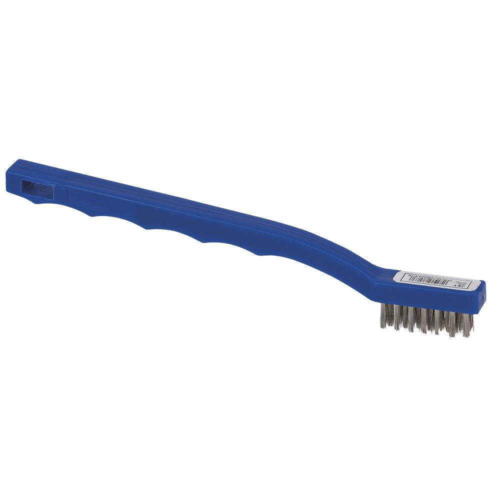 Mini brosse &agrave; gratter en fil d'acier inoxydable &agrave; 3 rang&eacute;es - poign&eacute;e en plastique photo du produit
