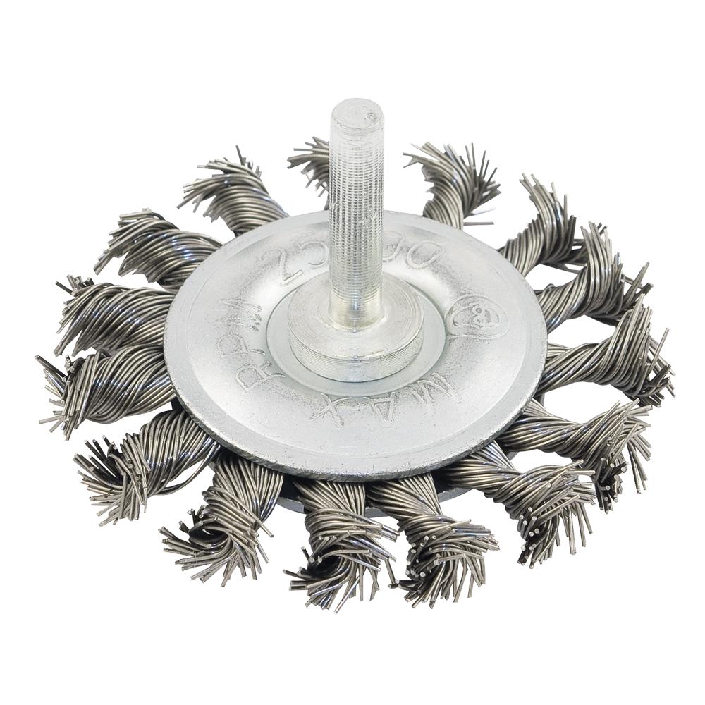 Brosse radiale torsad&eacute;e en acier inoxydable mont&eacute;e sur arbre de 3 x 1/4 pouce. photo du produit