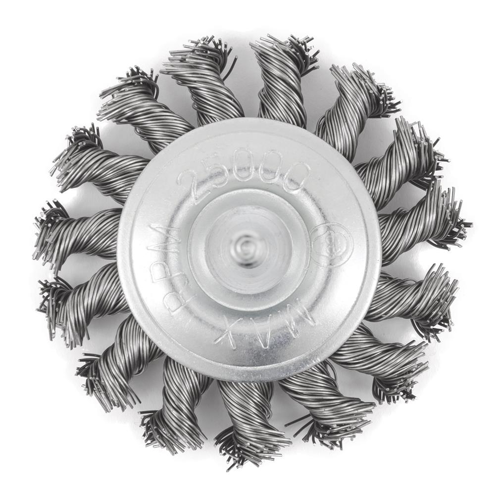 Brosse radiale torsad&eacute;e en acier inoxydable mont&eacute;e sur arbre de 3 x 1/4 pouce. photo du produit
