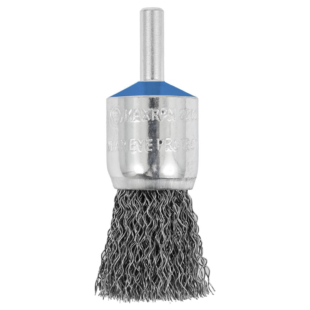 Brosse d'extr&eacute;mit&eacute; crant&eacute;e mont&eacute;e sur arbre 3/4 x 1/4 en acier inoxydable. photo du produit